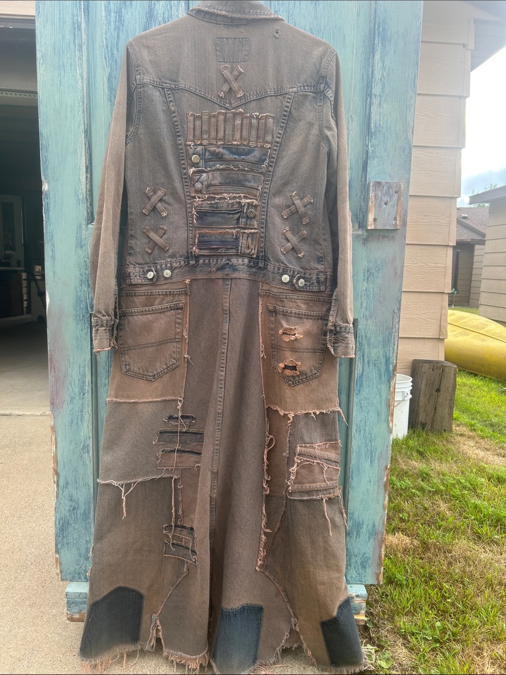 Upcycled post apocalyptic zombie apocalypse tattered patched jean jacket duster